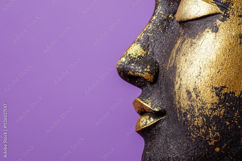 Golden accented black sculpture of a face on purple background Golden accented black sculpture of a face on purple background