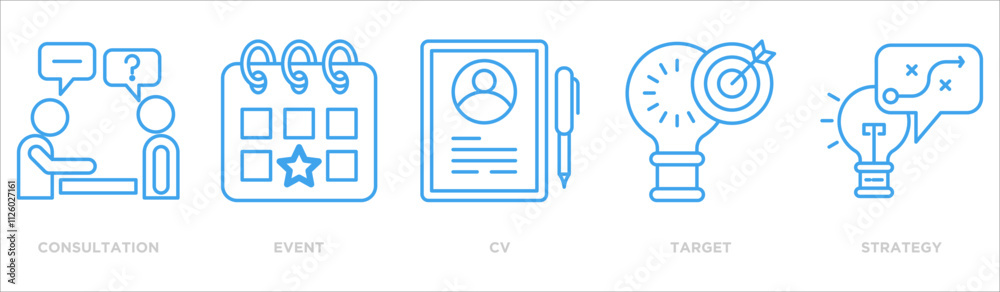 Public relations icon collection set. Containing design consultation,event,cv,target,strategy Public relations icon collection set. Containing design consultation,event,cv,target,strategy