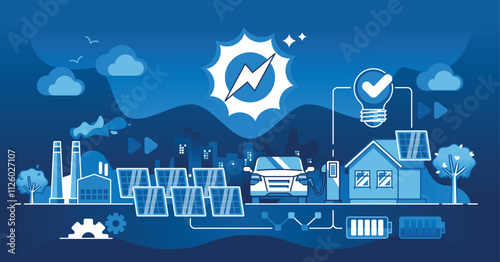 Solar energy highlights sustainable power with solar panels, electric car, and battery. Dark theme outline style illustration.