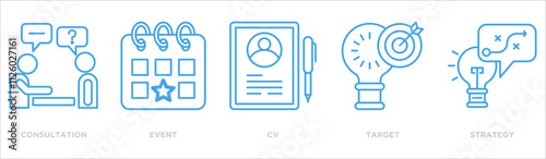 Public relations icon collection set. Containing design consultation,event,cv,target,strategy