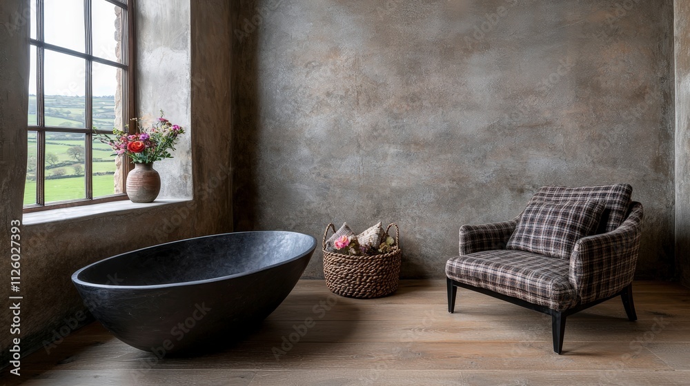 Rustic Farmhouse Interior Stone Bathtub Armchair Window View Rustic Farmhouse Interior Stone Bathtub Armchair Window View