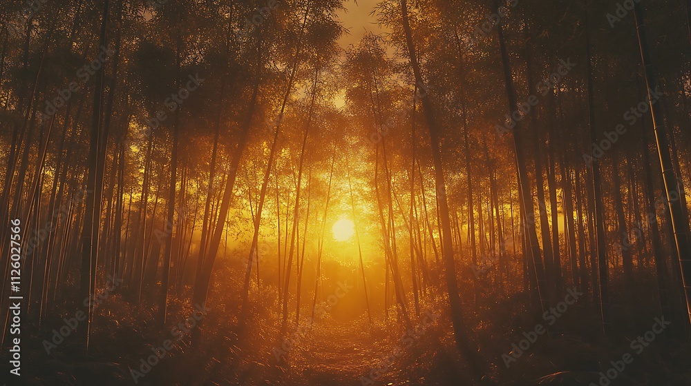 Misty forest path at sunset.