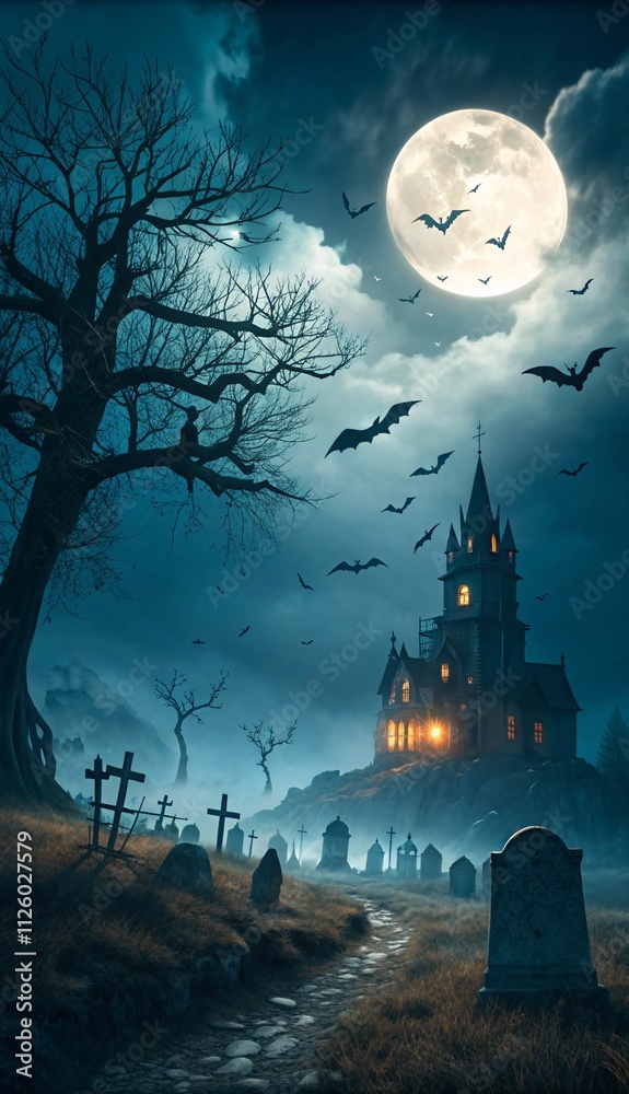 Fototapeta premium Haunting Moonlit Graveyard with Gothic Castle and Bats V8