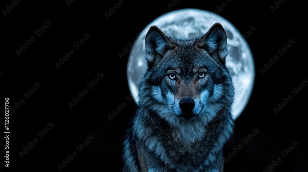 Fototapeta premium Majestic wolf under a bright full moon at night