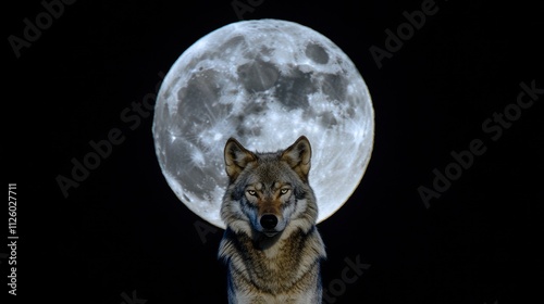 Mythical wolf guarding the full moon's luminous glow photo