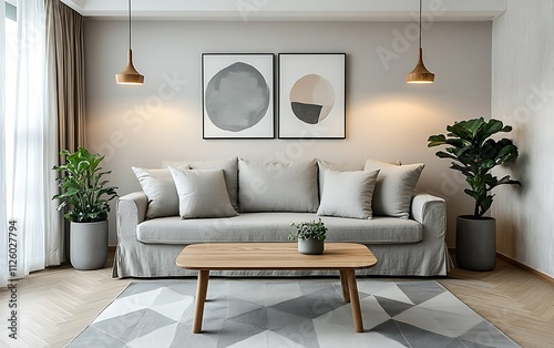 Modern minimalist living room with gray sofa, wood coffee table, plants, and abstract art. photo