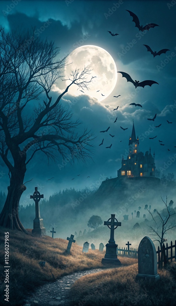 Fototapeta premium Haunting Moonlit Graveyard with Gothic Castle and Bats V9