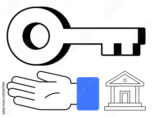 Large key, outstretched hand with blue cuff, and bank building. Ideal for finance, security, access, banking, investment trust safety themes. Line metaphor