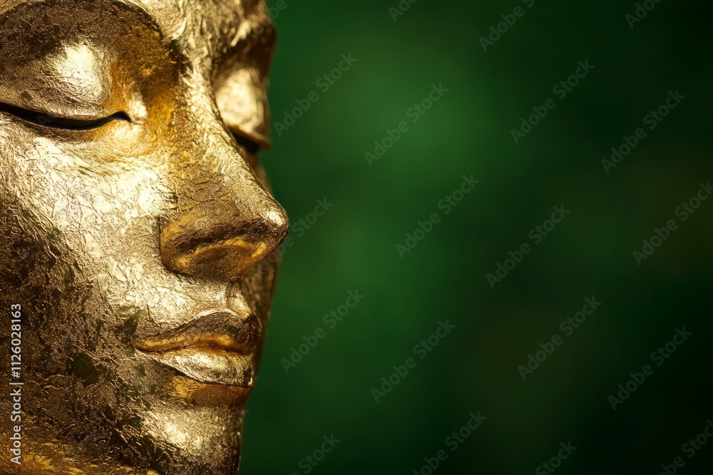 Golden buddha statue sculpture with peaceful expression on green background Golden buddha statue sculpture with peaceful expression on green background