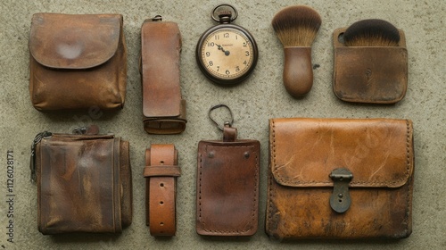 Vintage leather goods and accessories flat lay.