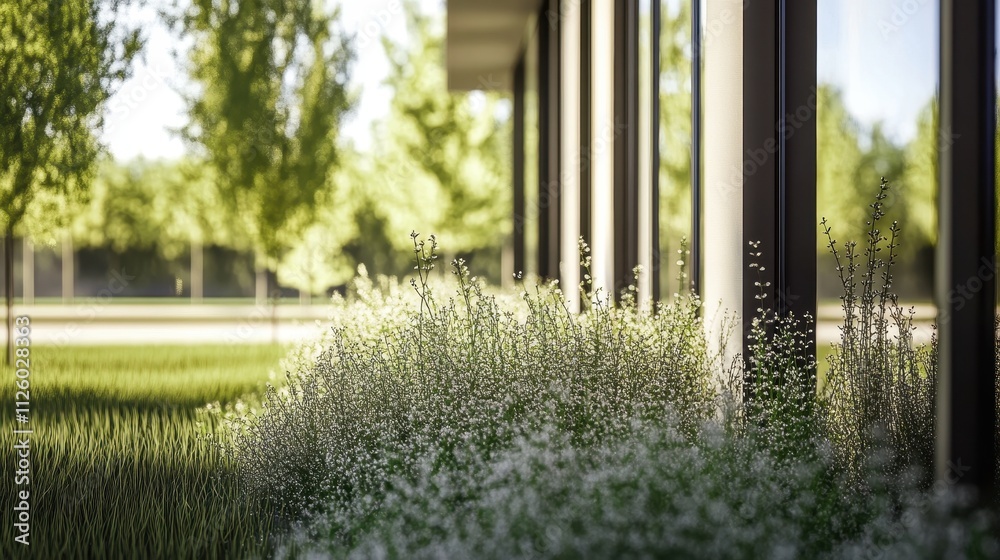 Fototapeta premium Tranquil Garden Oasis: A Serene Landscape Embraced by Nature