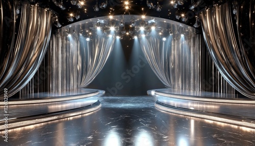 Silver black metalic ceremony award stage venue background. 3d stage background. Elegant venue concept. 