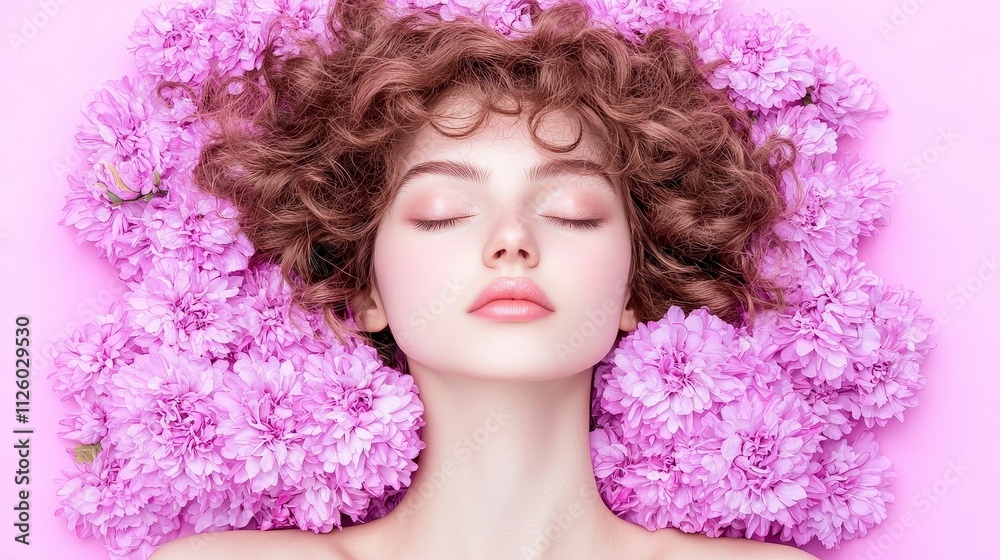 Serene Woman with Curly Hair Surrounded by Lavender Flowers Serene Woman with Curly Hair Surrounded by Lavender Flowers