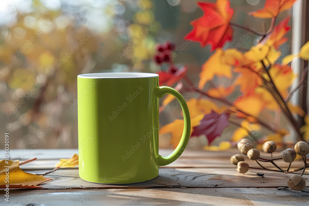 A vibrant green mug sits on a rustic wooden table, surrounded by autumn leaves and berries, capturing the essence of fall. A vibrant green mug sits on a rustic wooden table, surrounded by autumn leaves and berries, capturing the essence of fall.