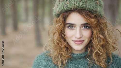 Happy Woman with Curly Hair in Knit Hat Autumn Forest