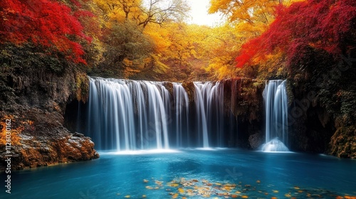 Autumn Waterfall Serenity: Vibrant Fall Foliage Cascading into a Crystal-Clear Pool