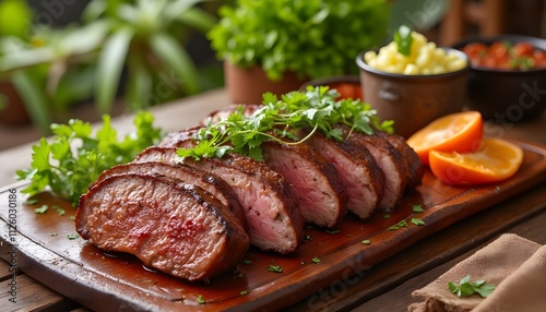 Grilled Argentine Matambre with Chimichurri and Fresh Vegetables on Patio photo