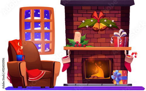 Christmas fireplace in house living room vector. Cozy winter indoor illustration with holiday decoration, present, and snow on window isolated scene. Xmas and New Year celebration at home concept