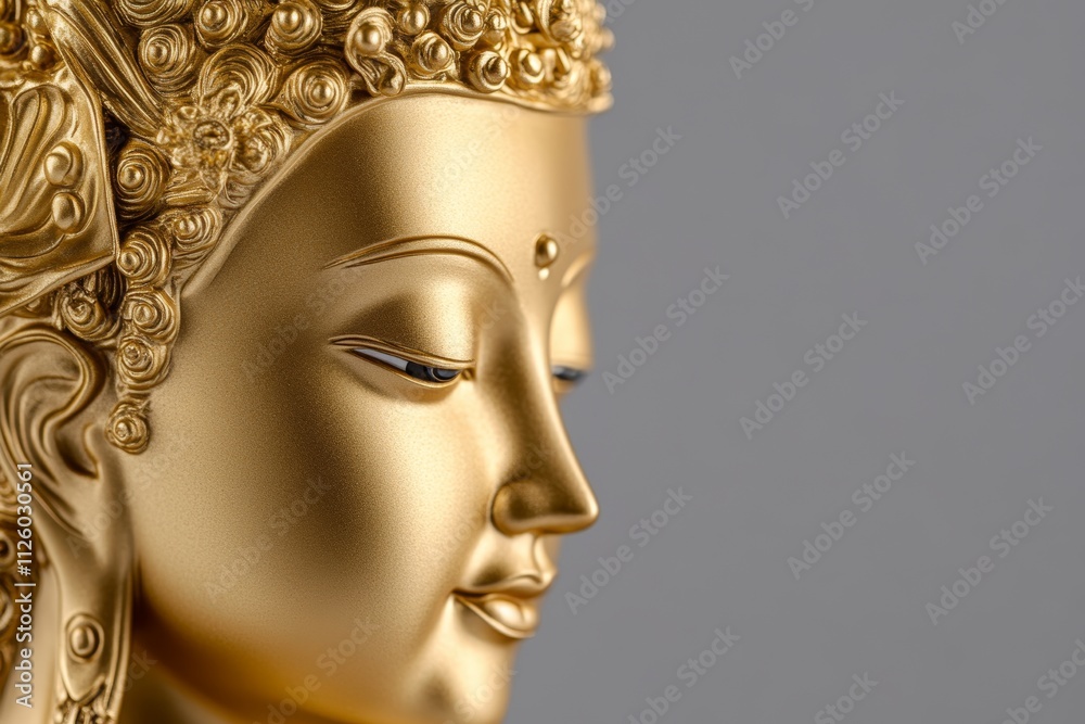 Golden buddha sculpture: intricate detail close-up on peaceful expression Golden buddha sculpture: intricate detail close-up on peaceful expression