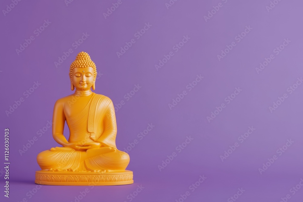 Golden buddha statue on purple background in meditative pose Golden buddha statue on purple background in meditative pose