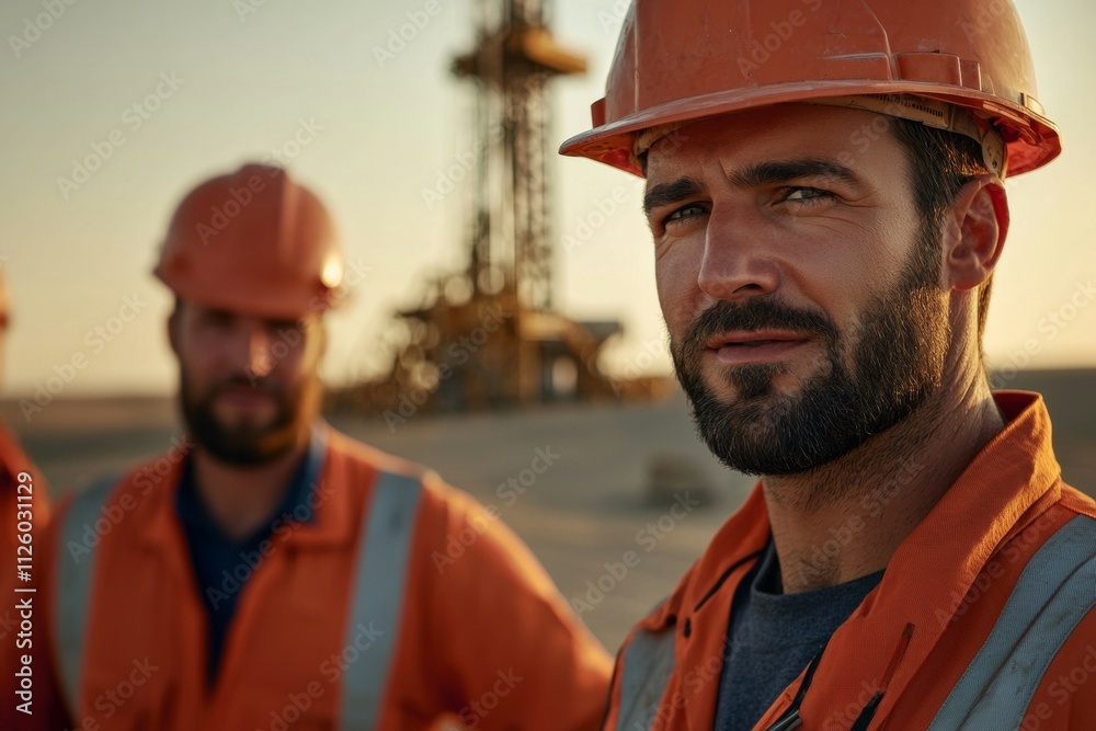 Caucasian male oil workers in orange uniforms at construction site during sunset Caucasian male oil workers in orange uniforms at construction site during sunset