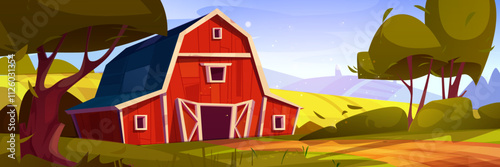 Red barn in rural landscape with fields on hills, green trees and soil road on summer or spring sunny day. Countryside scenery with wooden farm house. Cartoon vector illustration of ranch cattle shed.