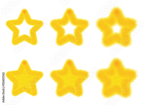 Golden tinsel star. Color vector illustration. Isolated white background. Fluffy celestial body. Star decoration. Idea for web design