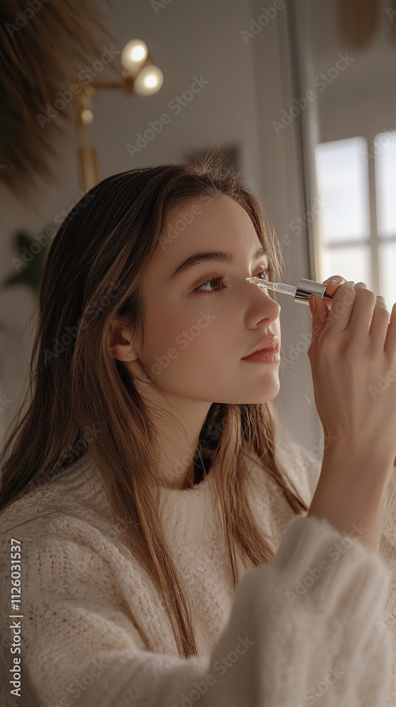 Obraz premium Woman applying oil to face with dropper