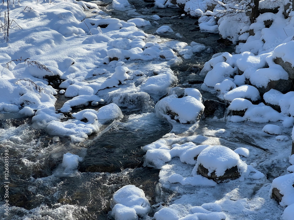 A river in a mountainous area in winter. A stormy stream. A river in a mountainous area in winter. A stormy stream.