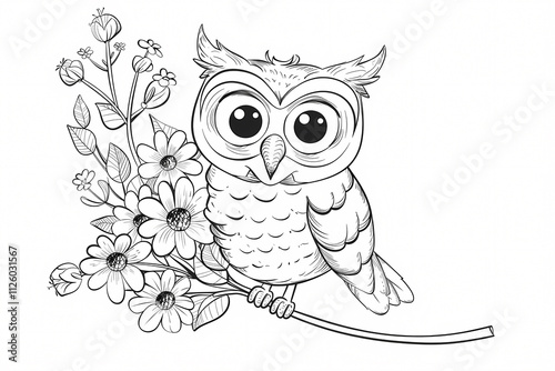 A cute cartoon owl perches on a branch surrounded by flowers, showcasing large eyes and detailed feathers, perfect for coloring. photo