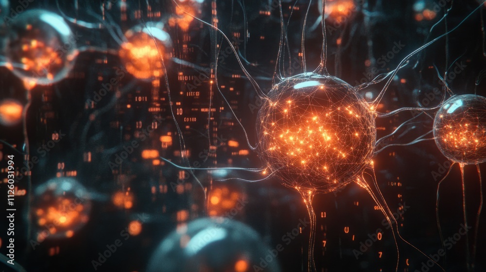 A concept of neural networks shown as interconnected glowing spheres with digital binary patterns in the background A concept of neural networks shown as interconnected glowing spheres with digital binary patterns in the background
