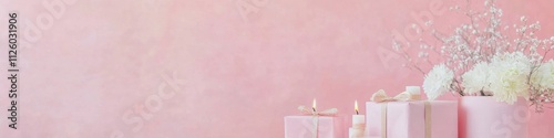 Elegant Pink Festive Scene for Valentines Day, Hanukkah, and Christmas with Gifts, Candles, and Flowers photo