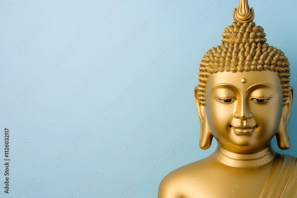 Golden buddha statue on blue background depicting serenity and spiritual tranquility Golden buddha statue on blue background depicting serenity and spiritual tranquility