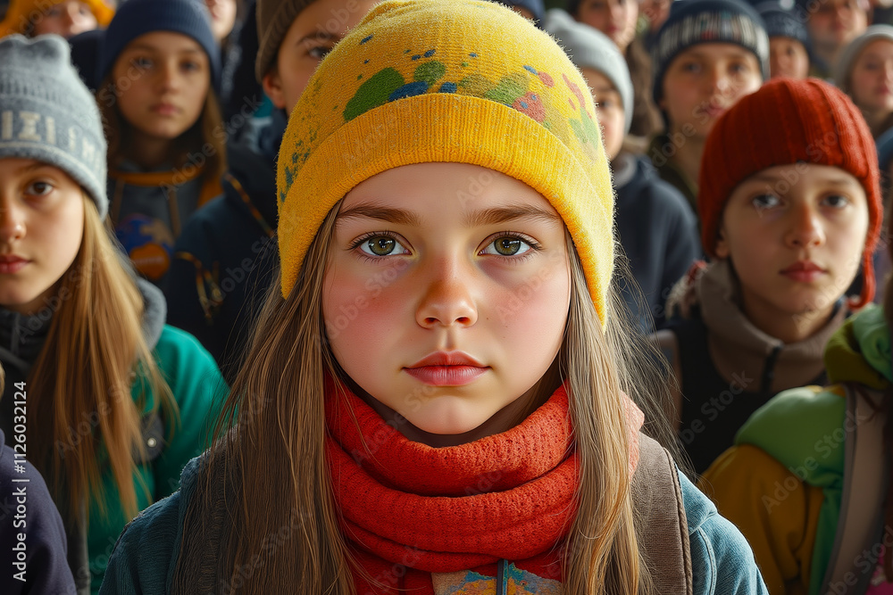 A group of children standing in a crowd of people