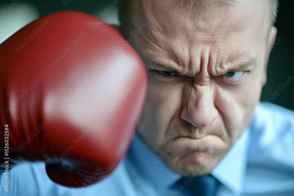 Determined caucasian male boxer wearing red gloves focused on target Determined caucasian male boxer wearing red gloves focused on target