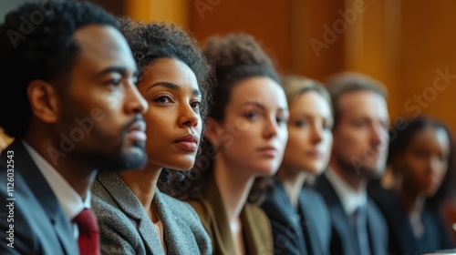 A diverse group of jurors sit in the jury box and lean forward to take in every detail of the evidence presented.