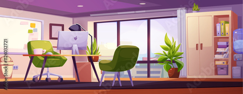 Boss desk near window cartoon room interior background. Work table in office with computer monitor, chair and modern furniture in bank. Clean school director indoor workplace with desktop and plant