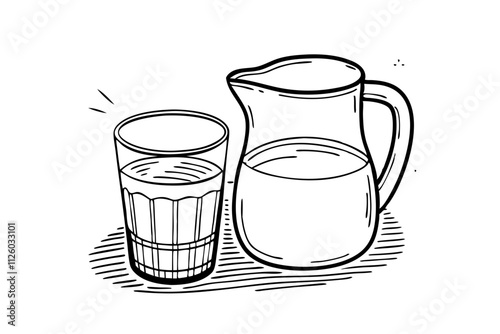 Line art of a jug and a glass of water. Vector illustration