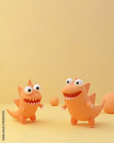 Two playful orange creatures enjoying ball game together happily
