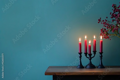 Hanukkah celebration. Menorah with burning candles on wooden table against blue background, space for text  photo