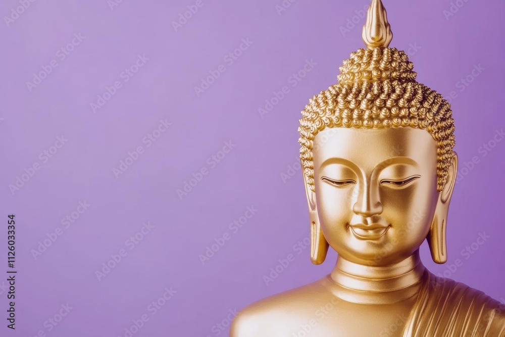 Golden buddha statue on purple background reflecting serenity and peace Golden buddha statue on purple background reflecting serenity and peace