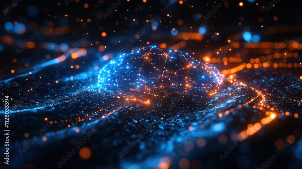 A digital brain with neural pathways illuminated in blue and orange tones, floating in a dark data-filled space A digital brain with neural pathways illuminated in blue and orange tones, floating in a dark data-filled space