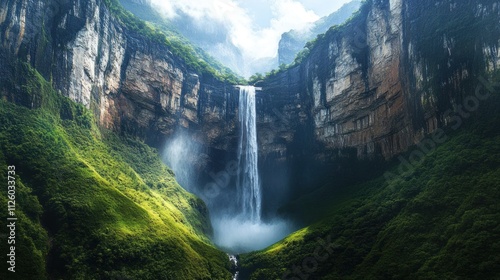 Majestic Waterfall Cascading Down Lush Green Cliffs