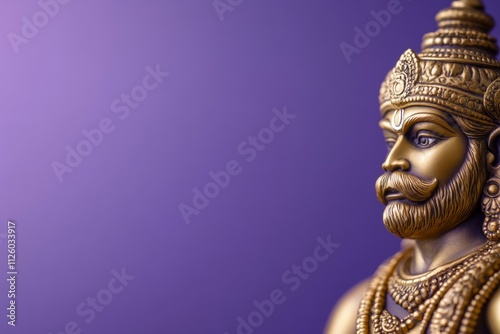 Golden hanuman statue on purple background with detailed carvings and regal expression