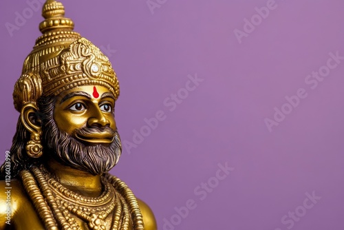 Golden statue of hindu deity against purple background