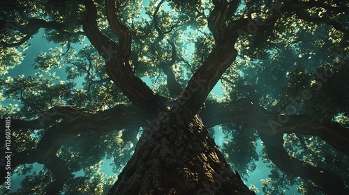 Majestic oak tree viewed from below, sunlight filtering through leaves. photo