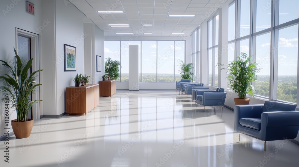 Bright and Airy Corporate Office Lobby with Large Windows Bright and Airy Corporate Office Lobby with Large Windows