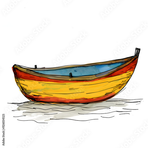 A yellow boat with blue trim sits in the water