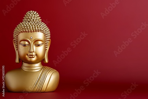 Golden buddha bust on deep red background reflecting serenity and enlightenment