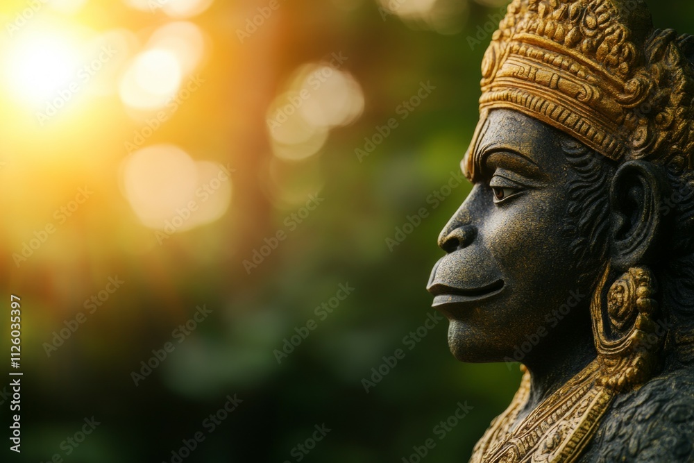 Golden hanuman statue at sunset in lush greenery setting Golden hanuman statue at sunset in lush greenery setting